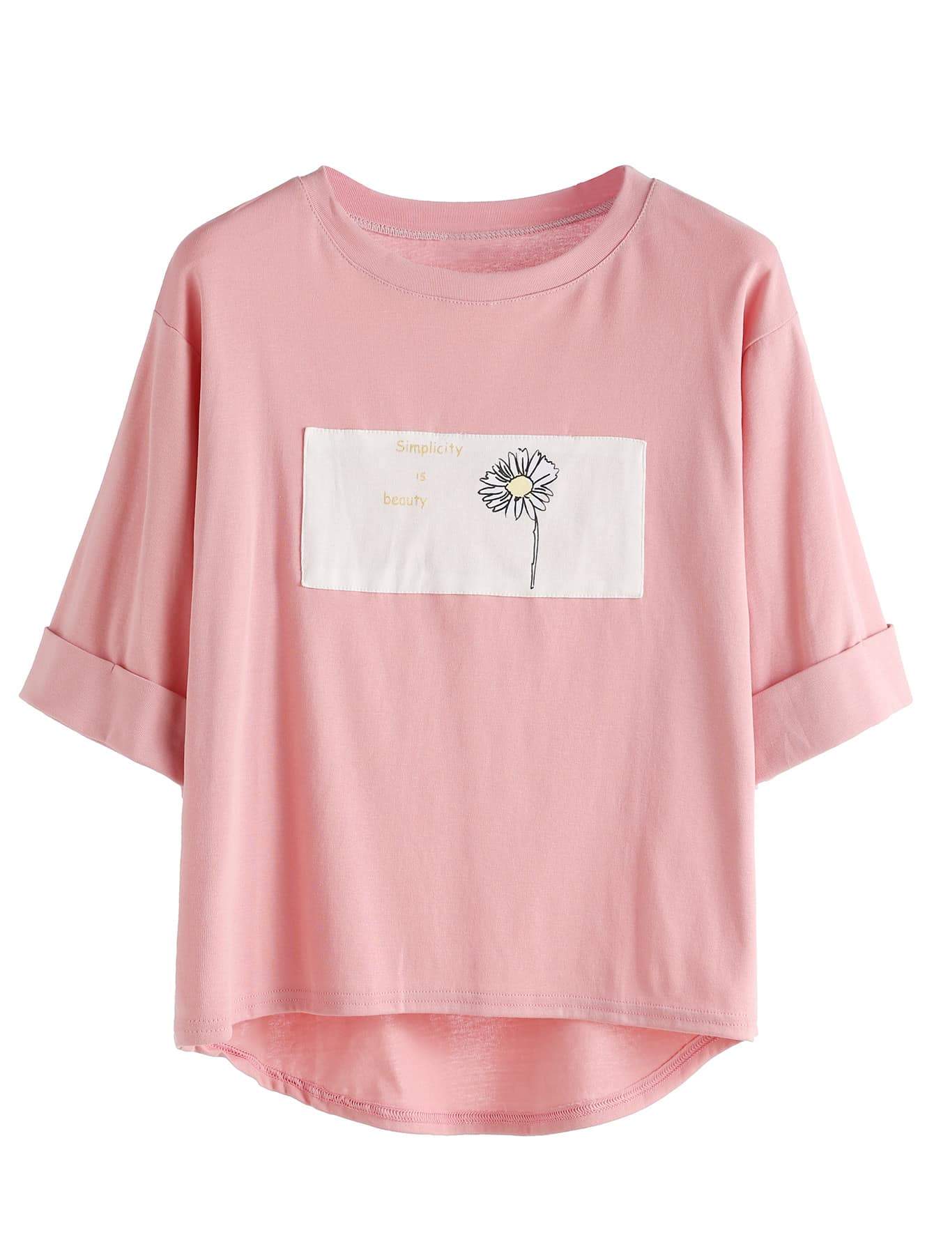 Rolled Sleeve Daisy Patch High Low T-shirt