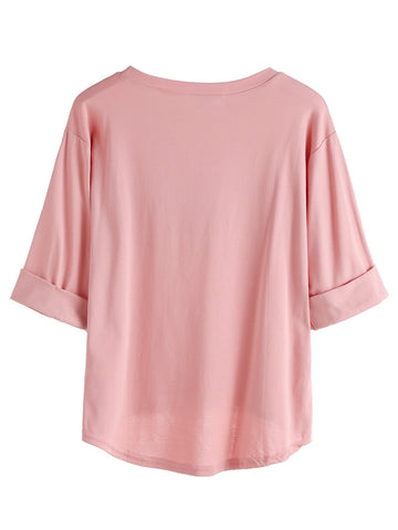 Rolled Sleeve Daisy Patch High Low T-shirt