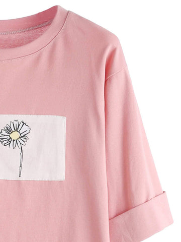 Rolled Sleeve Daisy Patch High Low T-shirt