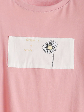 Rolled Sleeve Daisy Patch High Low T-shirt