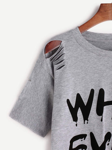 Letter Print Ripped Tee
