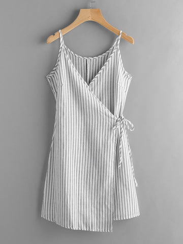 Vertical Striped Wrap Cami Dress