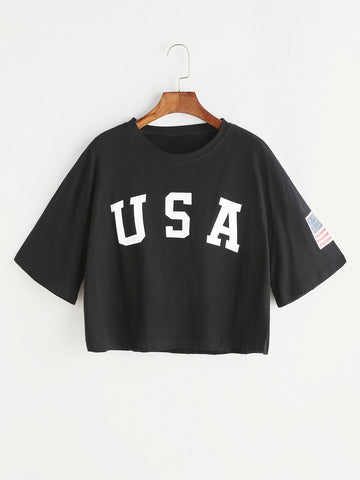 Letter Print Drop Shoulder Crop T-shirt
