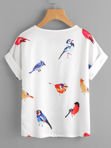 Random Birds Print Cuffed T-shirt