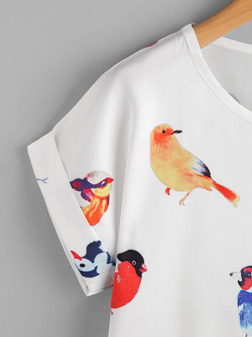 Random Birds Print Cuffed T-shirt
