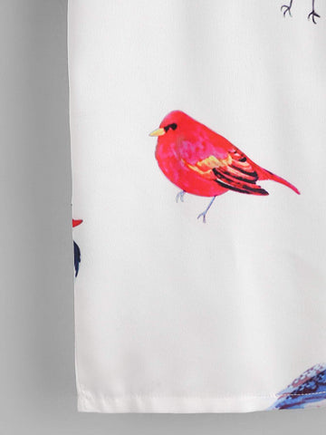 Random Birds Print Cuffed T-shirt