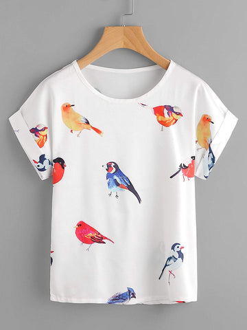Random Birds Print Cuffed T-shirt