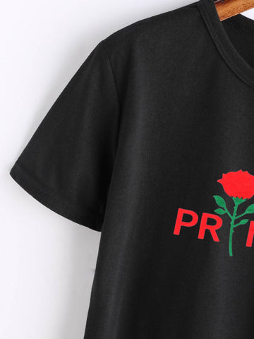Rose And Letter Print Tee
