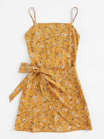 Open Back Wrap Daisy Print Cami Dress