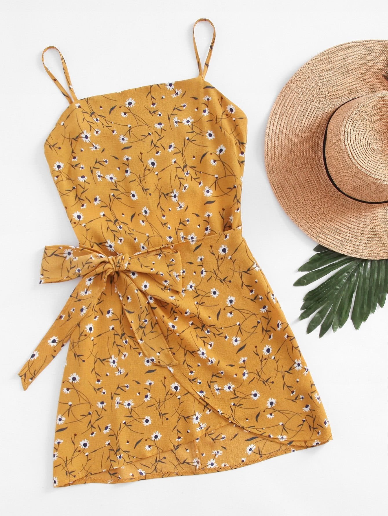 Open Back Wrap Daisy Print Cami Dress