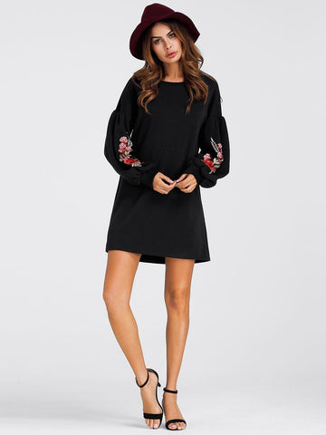 Embroidered Rose Lantern Sleeve Shift Dress