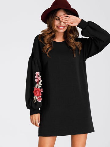 Embroidered Rose Lantern Sleeve Shift Dress