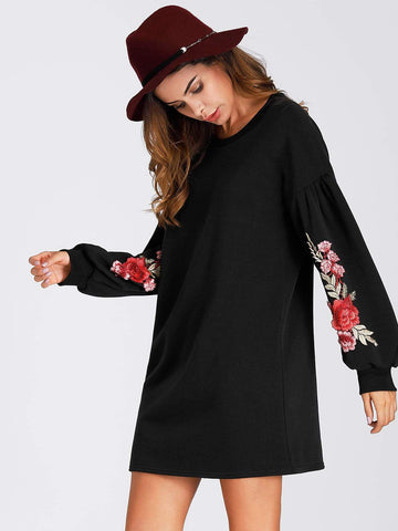 Embroidered Rose Lantern Sleeve Shift Dress