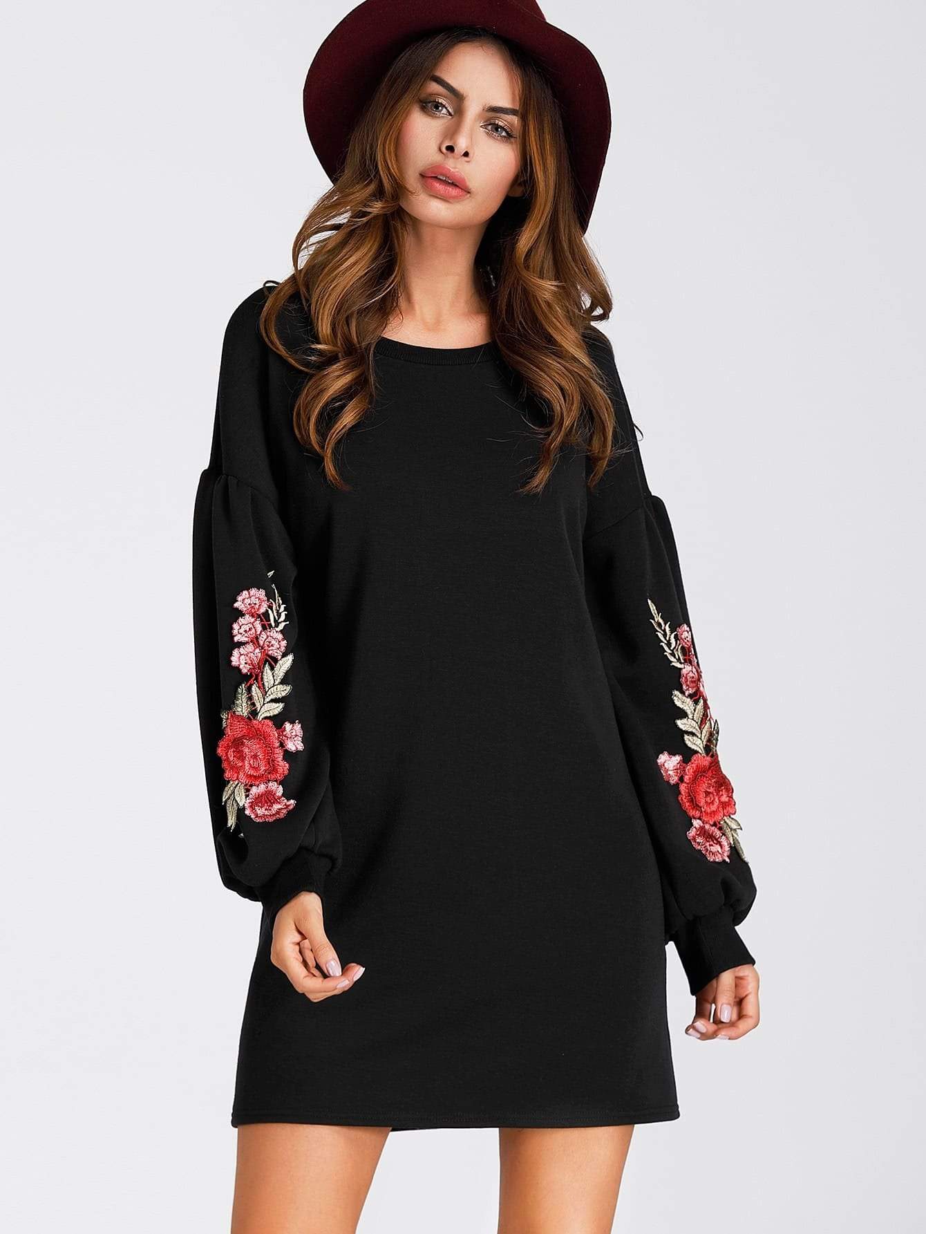 Embroidered Rose Lantern Sleeve Shift Dress