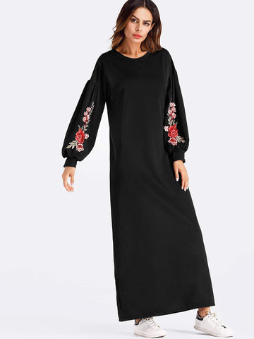 Lantern sleeve Rose Applique Full Length Dress