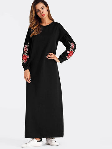 Lantern sleeve Rose Applique Full Length Dress