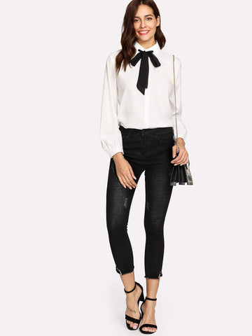 Contrast Pussy Bow Shirt