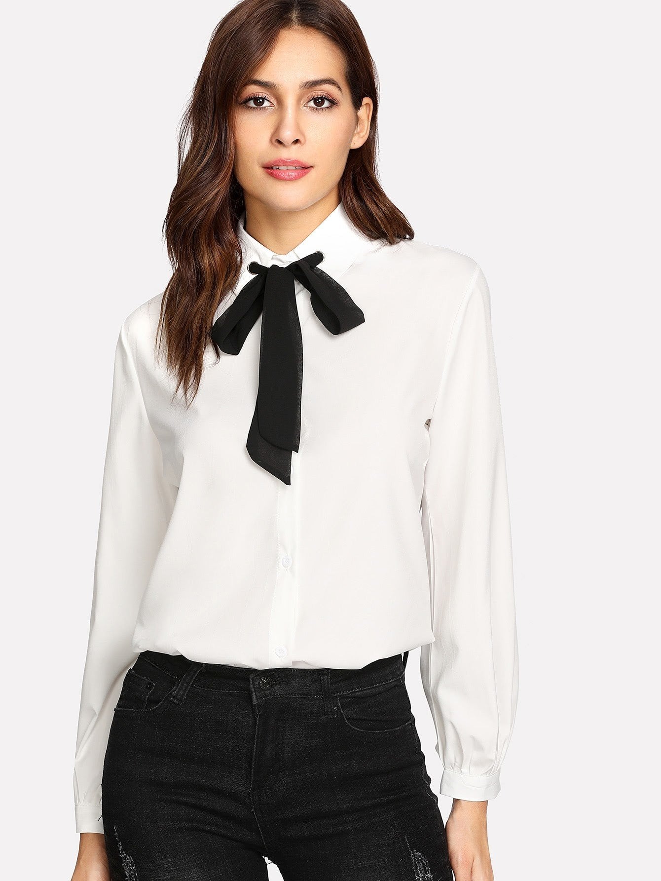 Contrast Pussy Bow Shirt