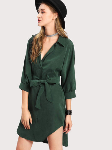 Curved Hem Belted Shirt Dress