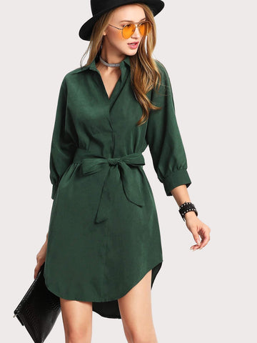 Curved Hem Belted Shirt Dress