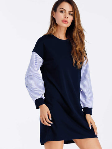 Contrast Striped Sleeve Pearl Beaded Sweatshirt Dress