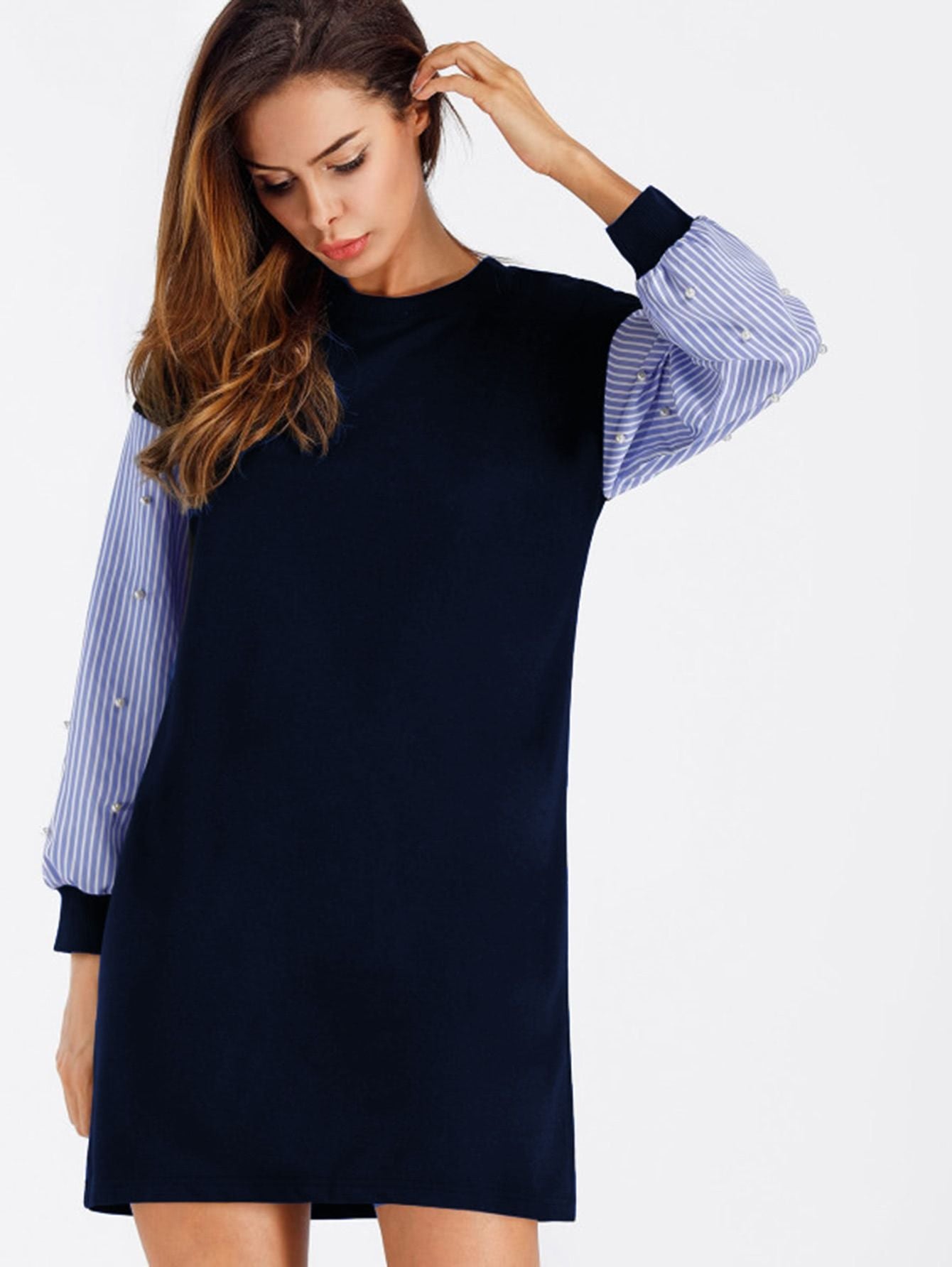 Contrast Striped Sleeve Pearl Beaded Sweatshirt Dress