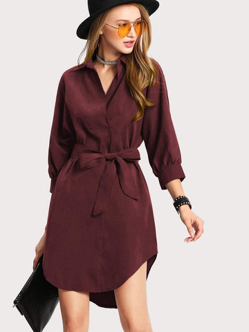 Curved Hem Belted Shirt Dress