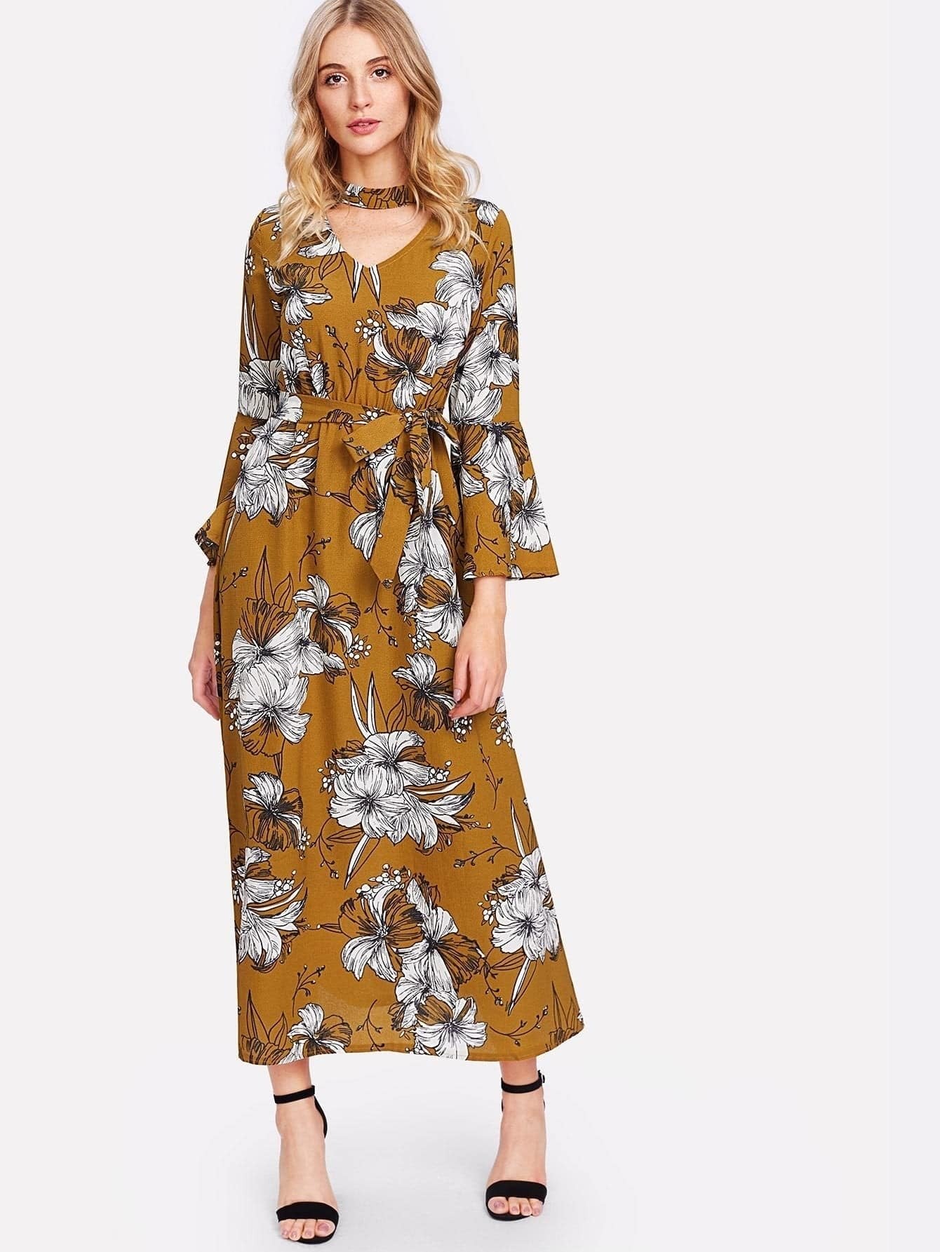 Cut Out Neck Florals Self Tie Dress