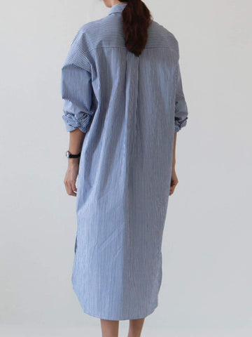Pinstripe Half Button Stepped Hem Shirt Dress