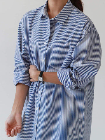 Pinstripe Half Button Stepped Hem Shirt Dress