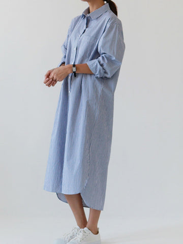 Pinstripe Half Button Stepped Hem Shirt Dress