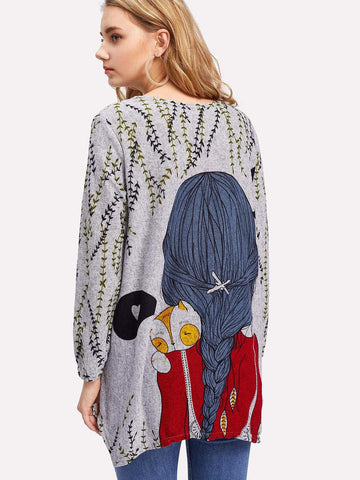 Random Cartoon Print Back Longline Tee