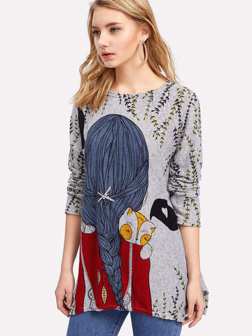 Random Cartoon Print Back Longline Tee