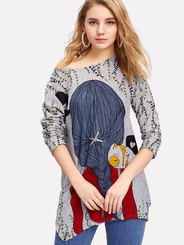 Random Cartoon Print Back Longline Tee