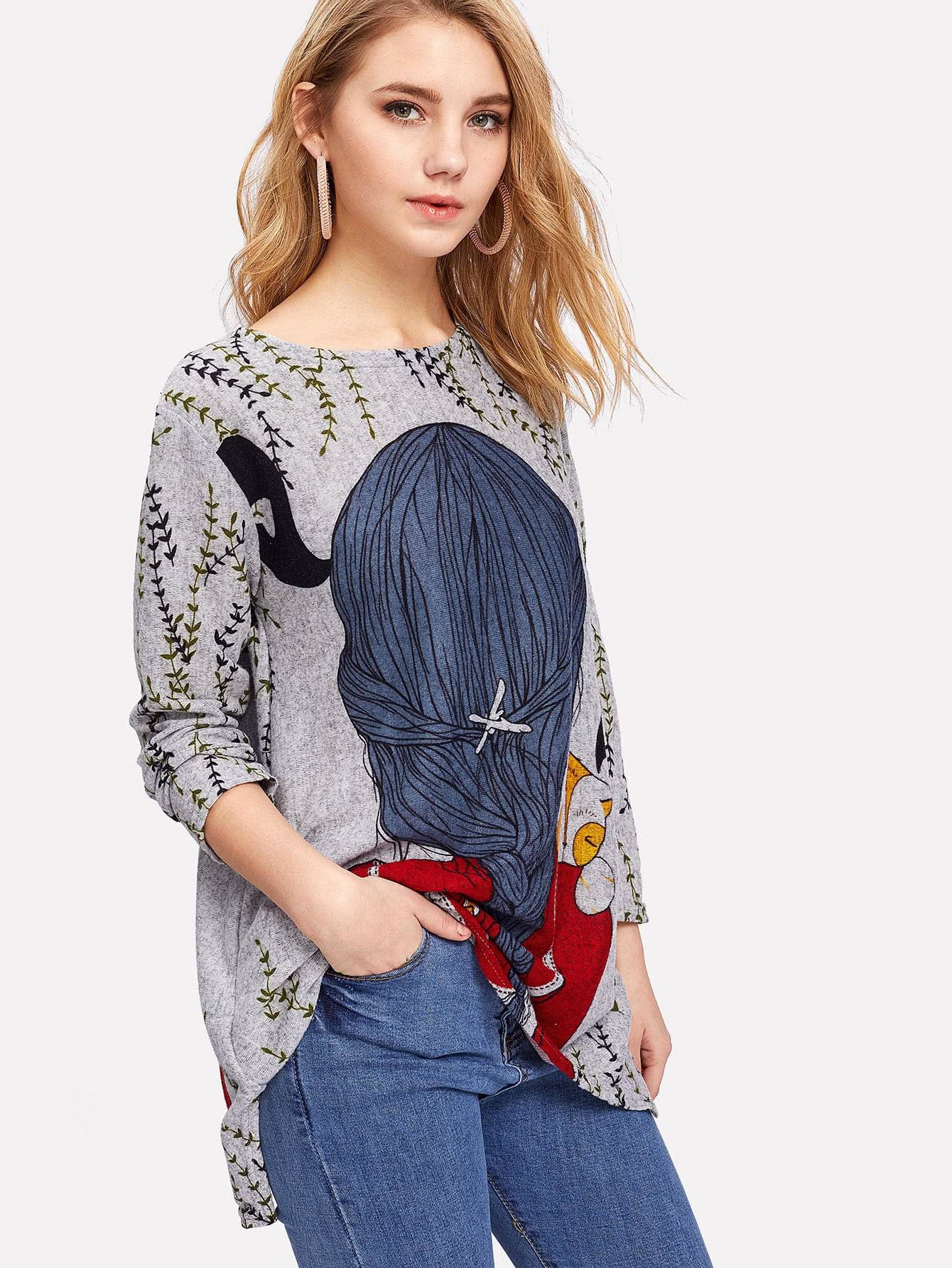 Random Cartoon Print Back Longline Tee