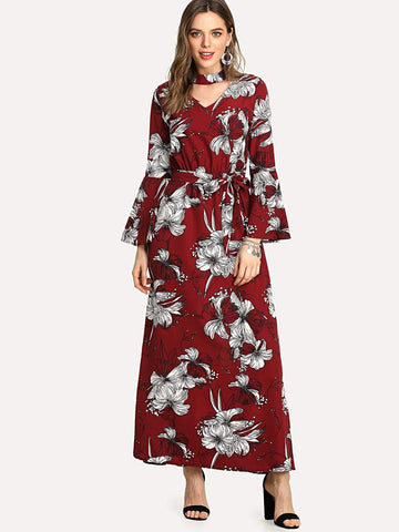 Cut Out Neck Florals Self Tie Dress