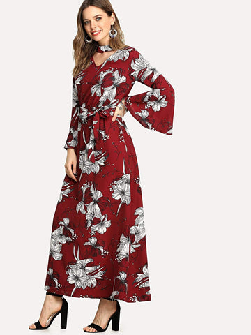 Cut Out Neck Florals Self Tie Dress