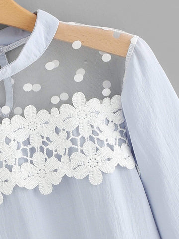 Flower Lace Trim Dot Blouse