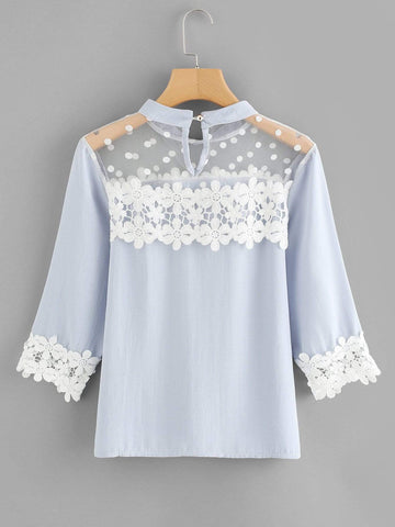 Flower Lace Trim Dot Blouse