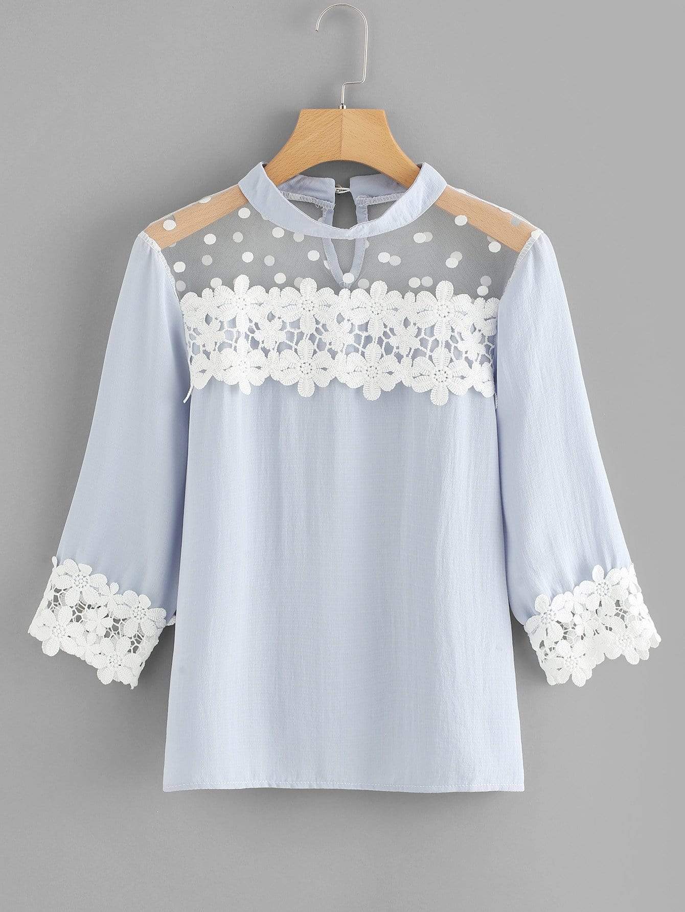 Flower Lace Trim Dot Blouse
