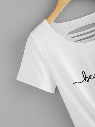 Letter Print Knot Front Ladder Cut Out Tee