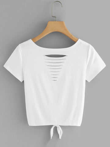 Letter Print Knot Front Ladder Cut Out Tee