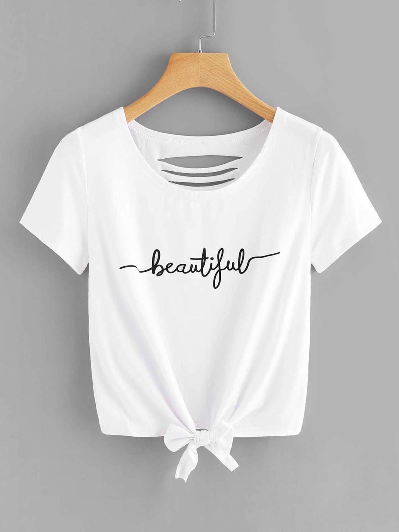 Letter Print Knot Front Ladder Cut Out Tee