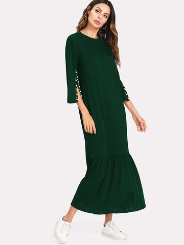 Pearl Beading Split Sleeve Pep Hem Dress