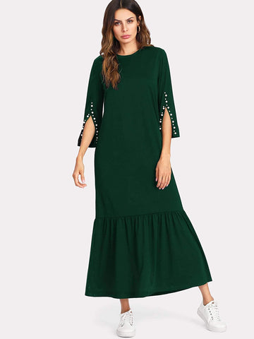 Pearl Beading Split Sleeve Pep Hem Dress