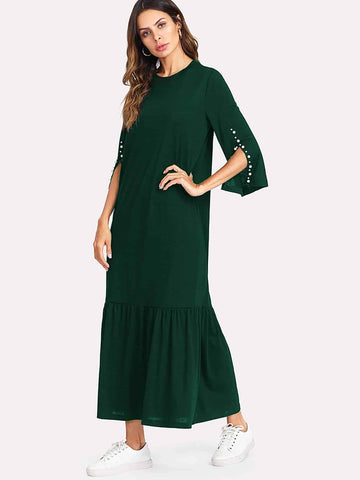 Pearl Beading Split Sleeve Pep Hem Dress