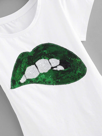Contrast Sequin Lip Dip Hem Tee