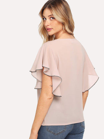 Pearl Detail Flounce Sleeve Stitch Trim Top