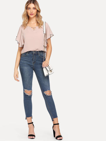 Pearl Detail Flounce Sleeve Stitch Trim Top