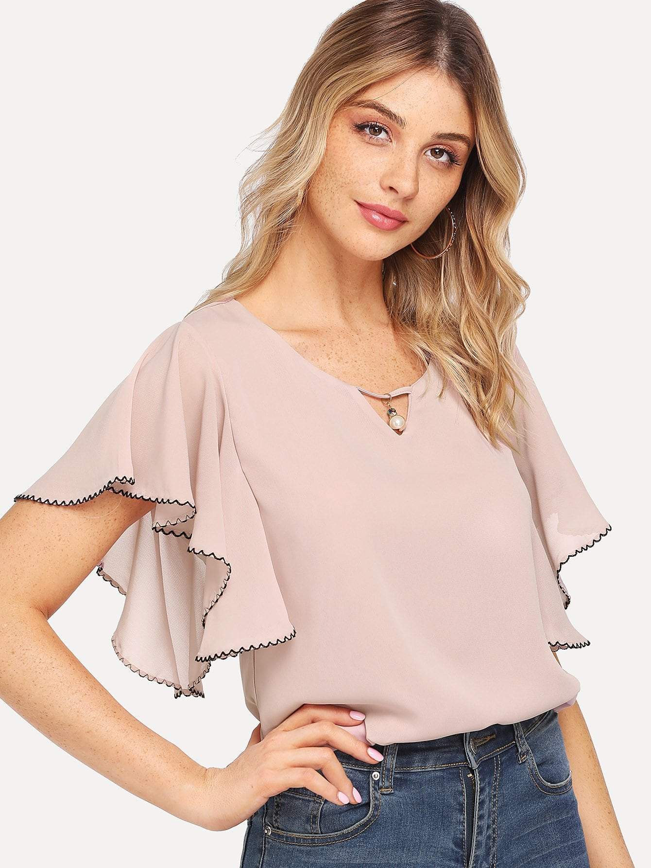 Pearl Detail Flounce Sleeve Stitch Trim Top